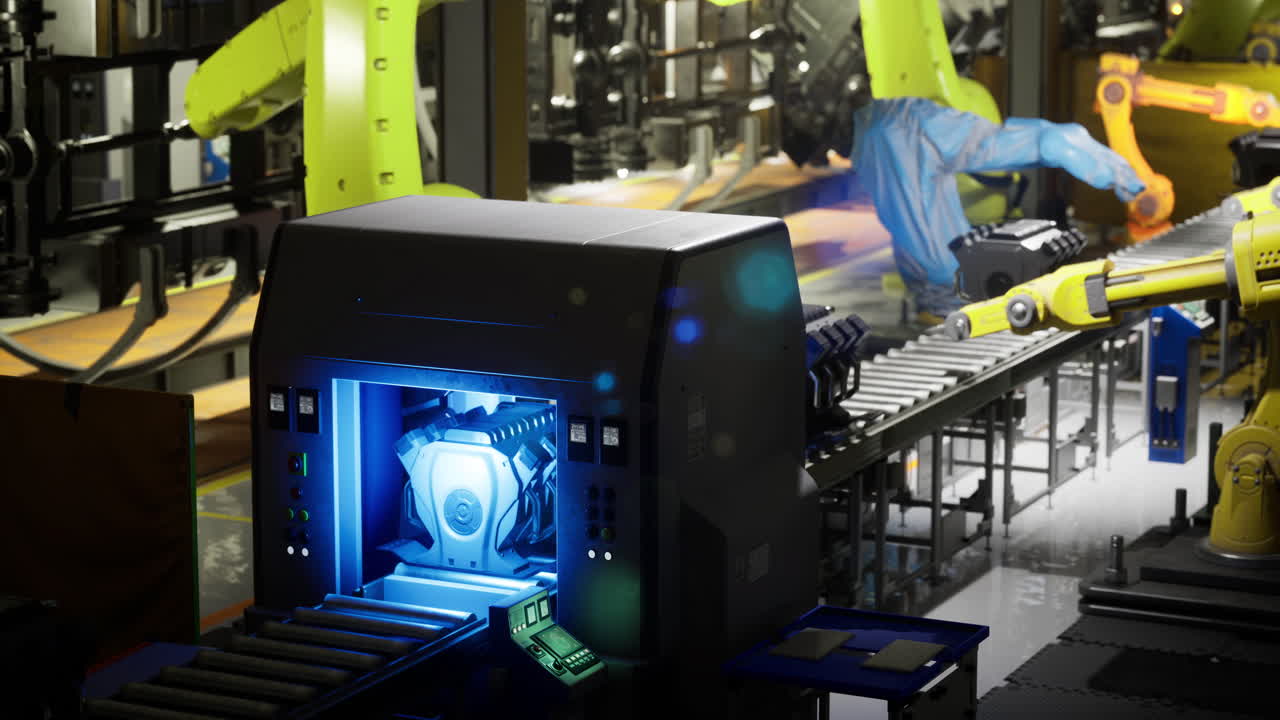 Industrial automation in a modern factory showcasing robotic assembly tasks