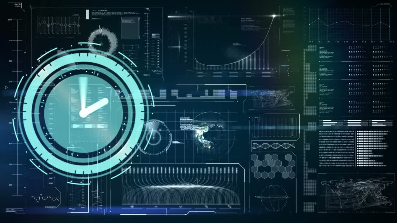 Animation of neon ticking clock icon over interface with data processing against blue background