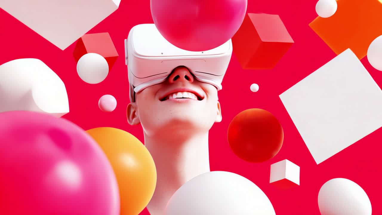 A joyful virtual reality experience depicted through a smiling individual immersed in a vibrant, colorful environment filled with various geometric shapes and floating spheres