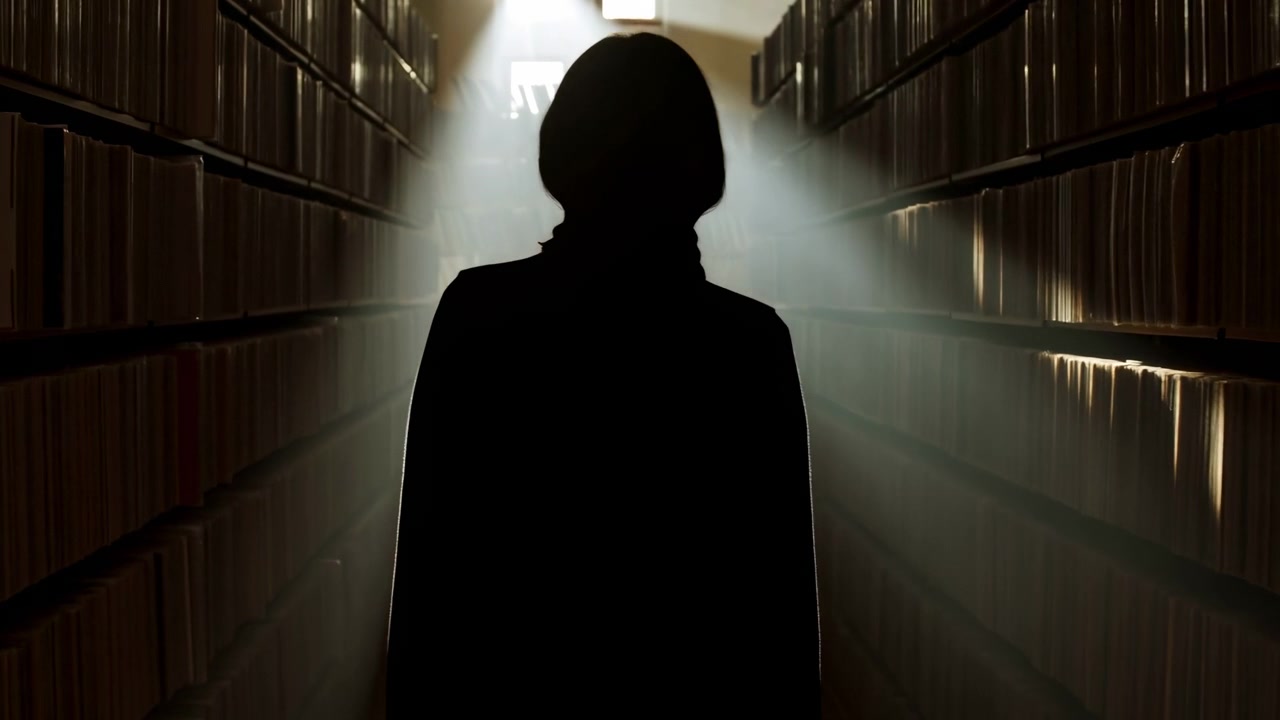 Silueta en encuadre medio de una persona de pie en un pasillo largo entre estanterías altas, a contraluz por una luz cenital que crea sombras dramáticas en un archivo tenue.