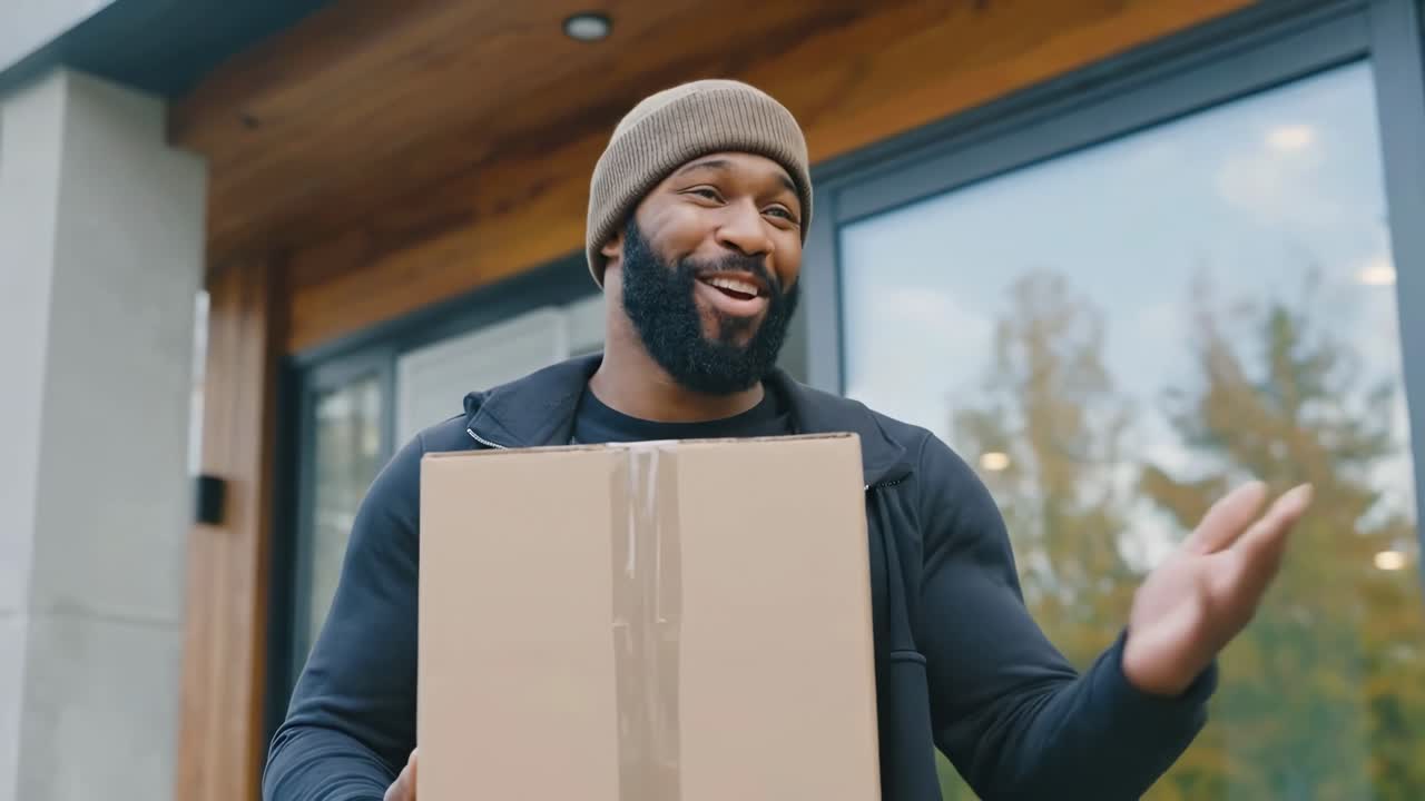 Una ripresa video dal basso di un uomo sorridente che tiene un pacco, per un servizio di consegna.
