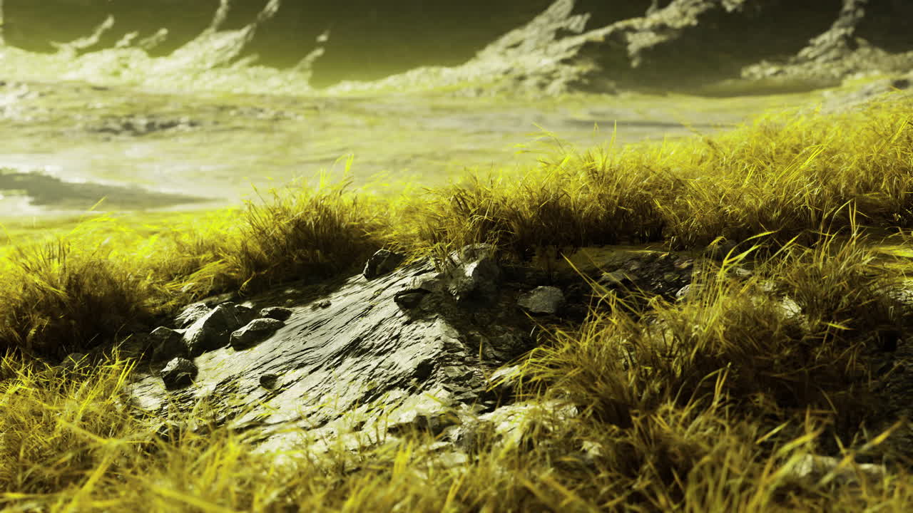 Un paesaggio con erba e montagne