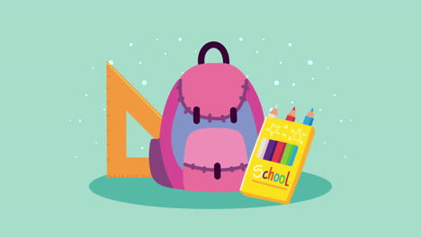 back to school animation with schoolbag and colors pencils