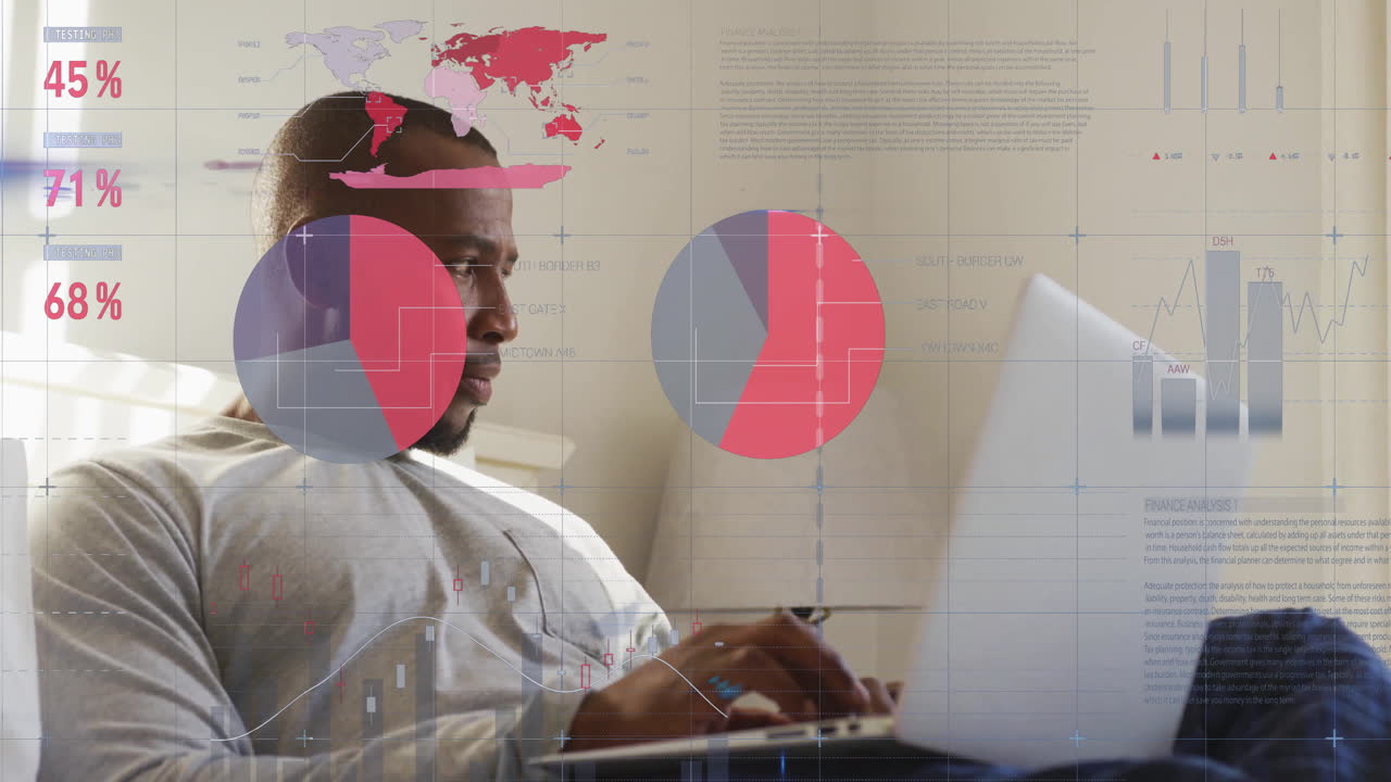 Working on laptop, man analyzing data with animation graphics overlay