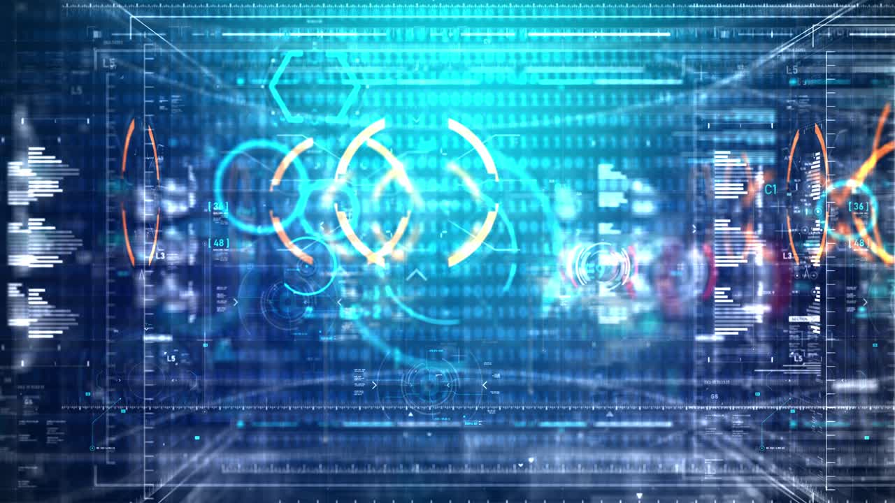 Abstract background flying move pass through user interface for cyber futuristic concept with dark and grain processed