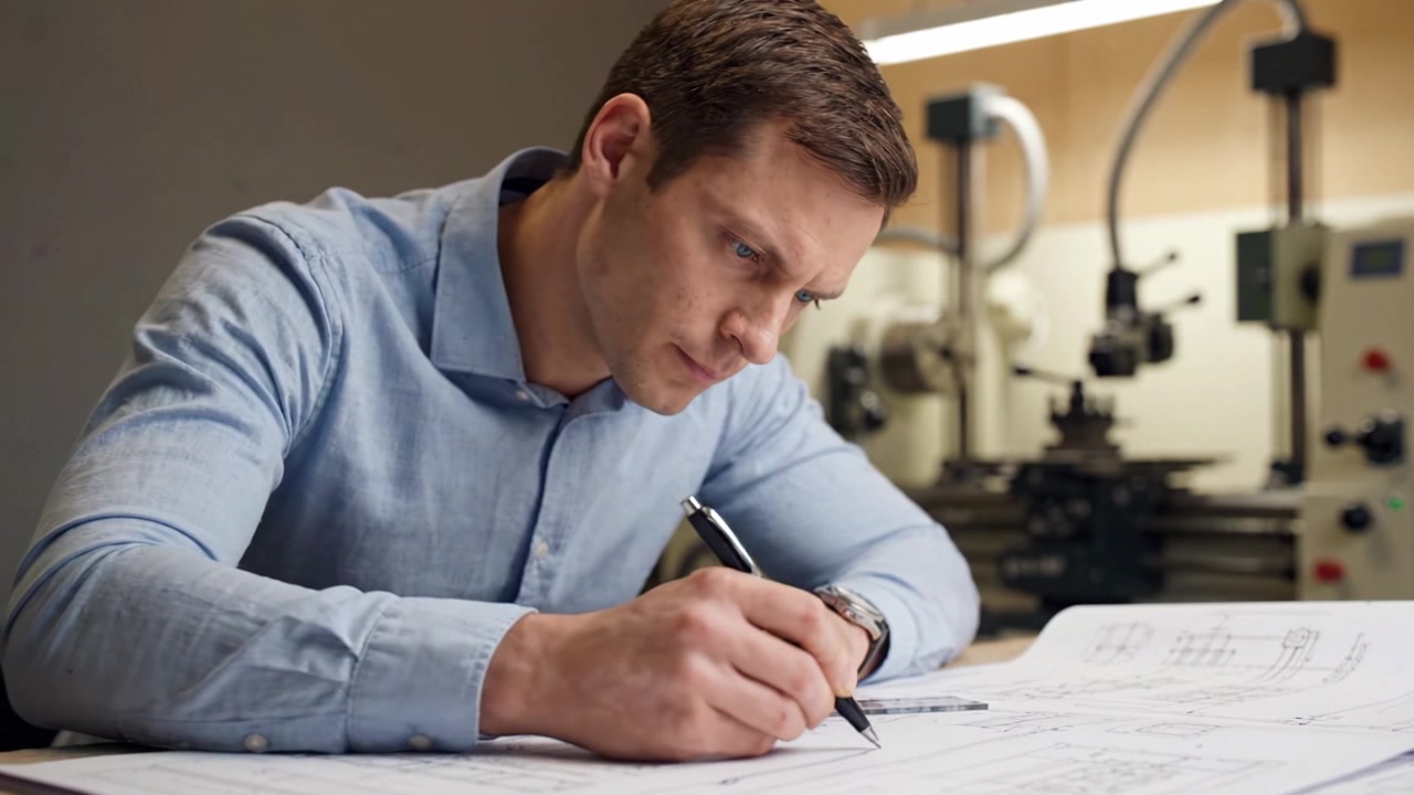 Focused Engineer Illustrating Design Plans with Precision in Modern Workshop, Capturing the Essence of Creativity and Technical Skill in Engineering Work.