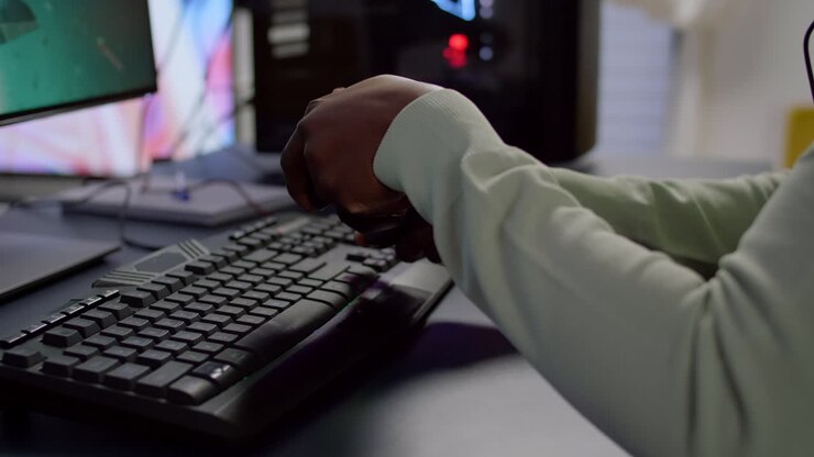 Nahaufnahme eines professionellen E-Sportlers mit Joystick