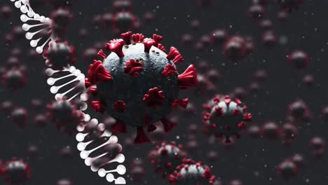 Estructura-De-Adn-Girando-Y-Células-Covid-19-Moviéndose-Contra-Fondo-Negro