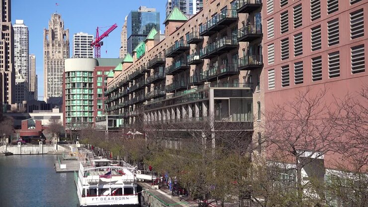 Establishing shot of apartments and offices on the Chicago loop