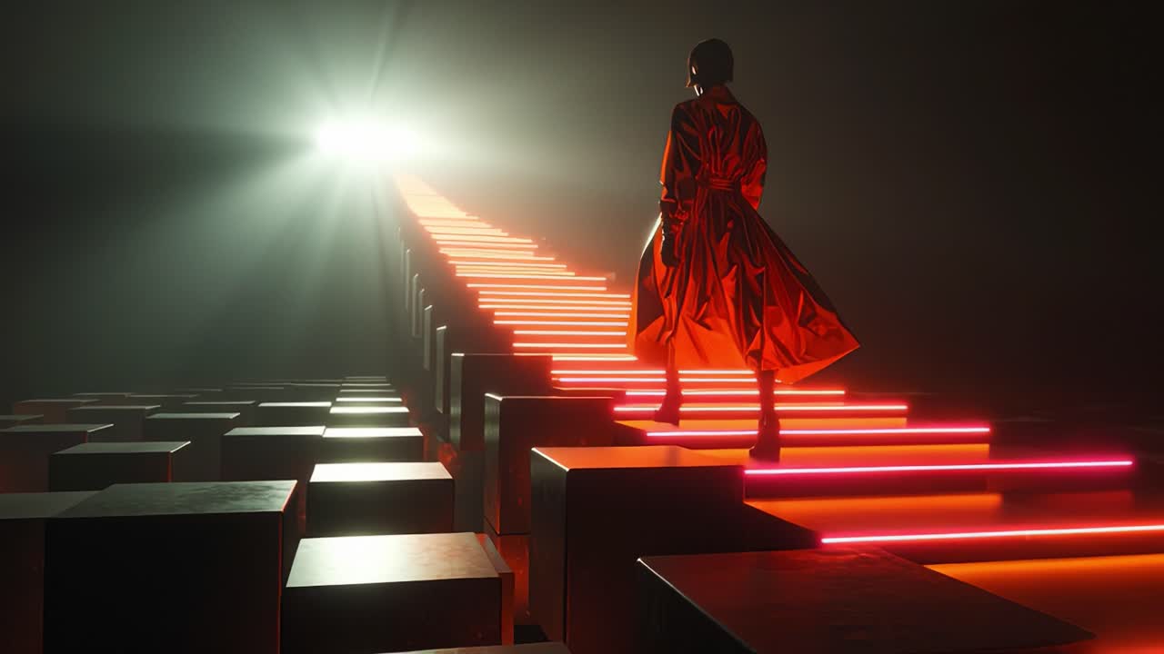 Woman Ascending Illuminated Stairs