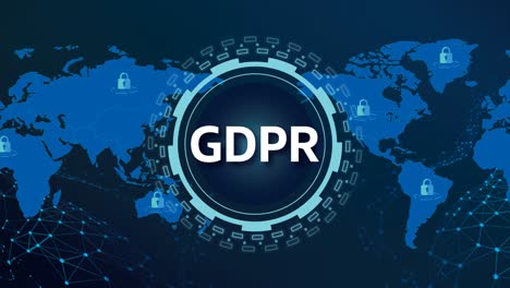 gdpr 또는 일반 데이터 보호법 규정 기술 컴플라이언스 추상 미술 4k는 세계 지도가 있는 파란색 네온 배경에 있습니다.