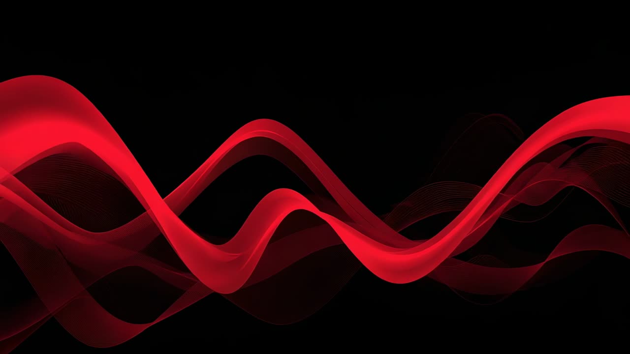 Animating translucent red ribbons shifting right, overlapping crests on black void, showing depth
