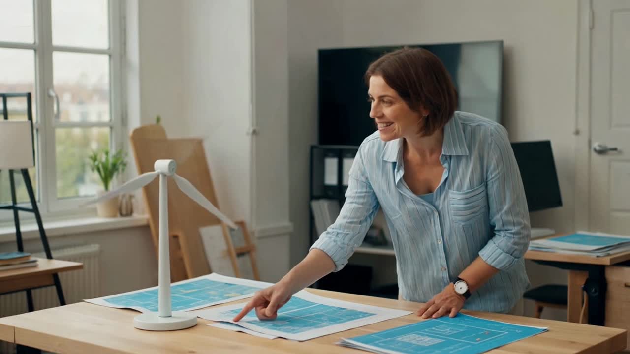 Female engineer Reviewing Blueprints for a Wind Energy Project