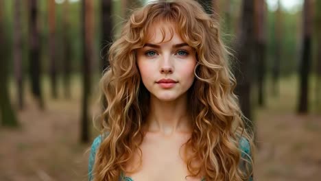 a woman with long curly hair standing in a forest