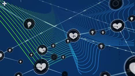 animación de patrones de ondas gráficas y corazones en movimiento e íconos de luz interconectados con líneas