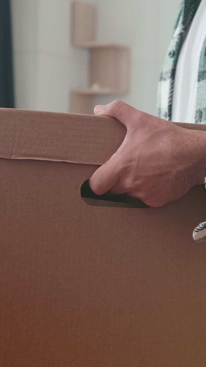 House keys and moving box in hands of people carrying relocating to new home