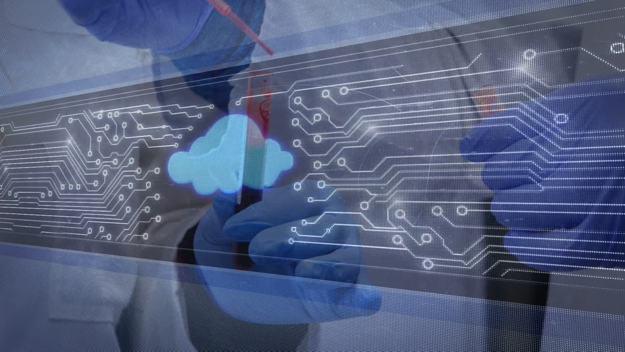 animación de una nube y un circuito integrado sobre las manos con guantes de protección sosteniendo una muestra de sangre