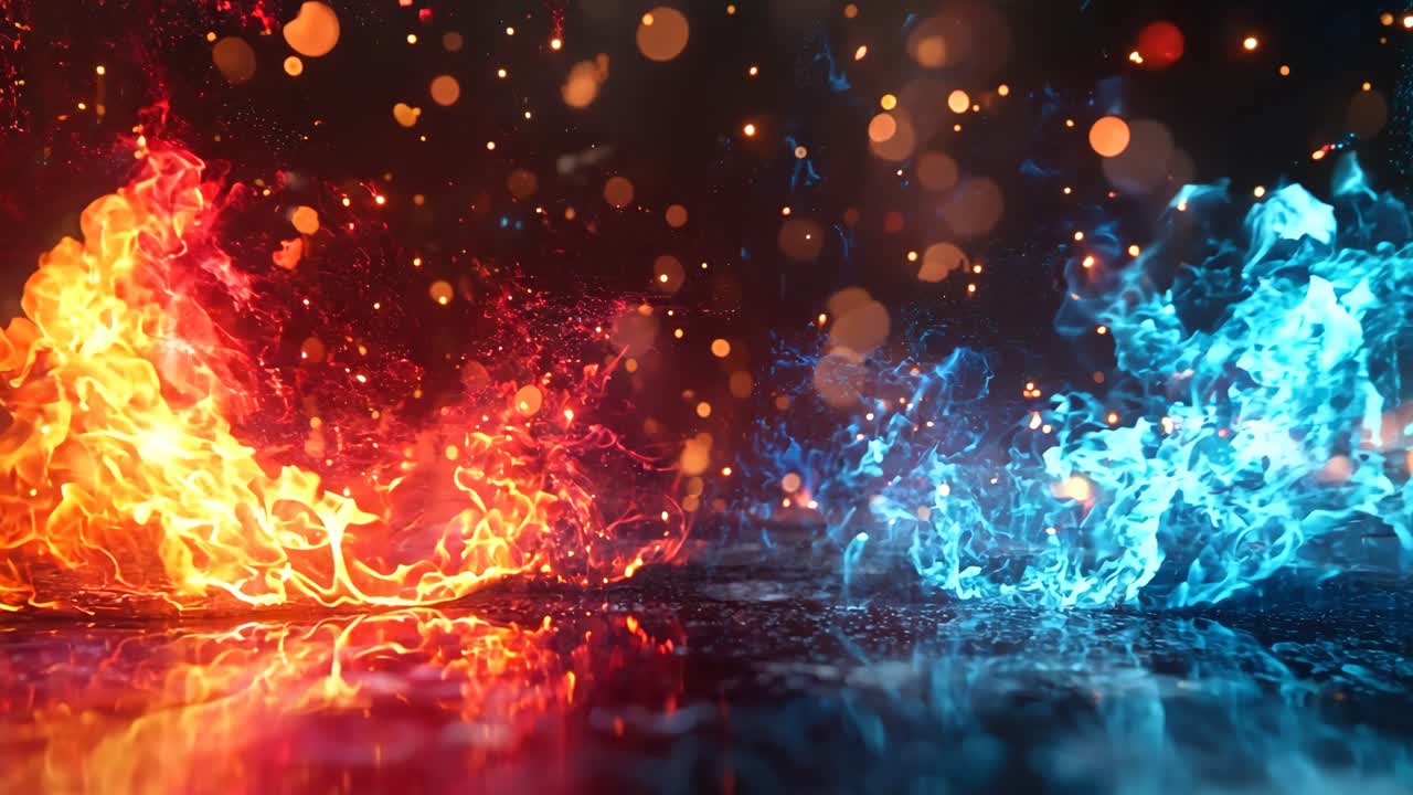 Two flames, one red and one blue, are shown in the water. The blue flame is larger than the red one