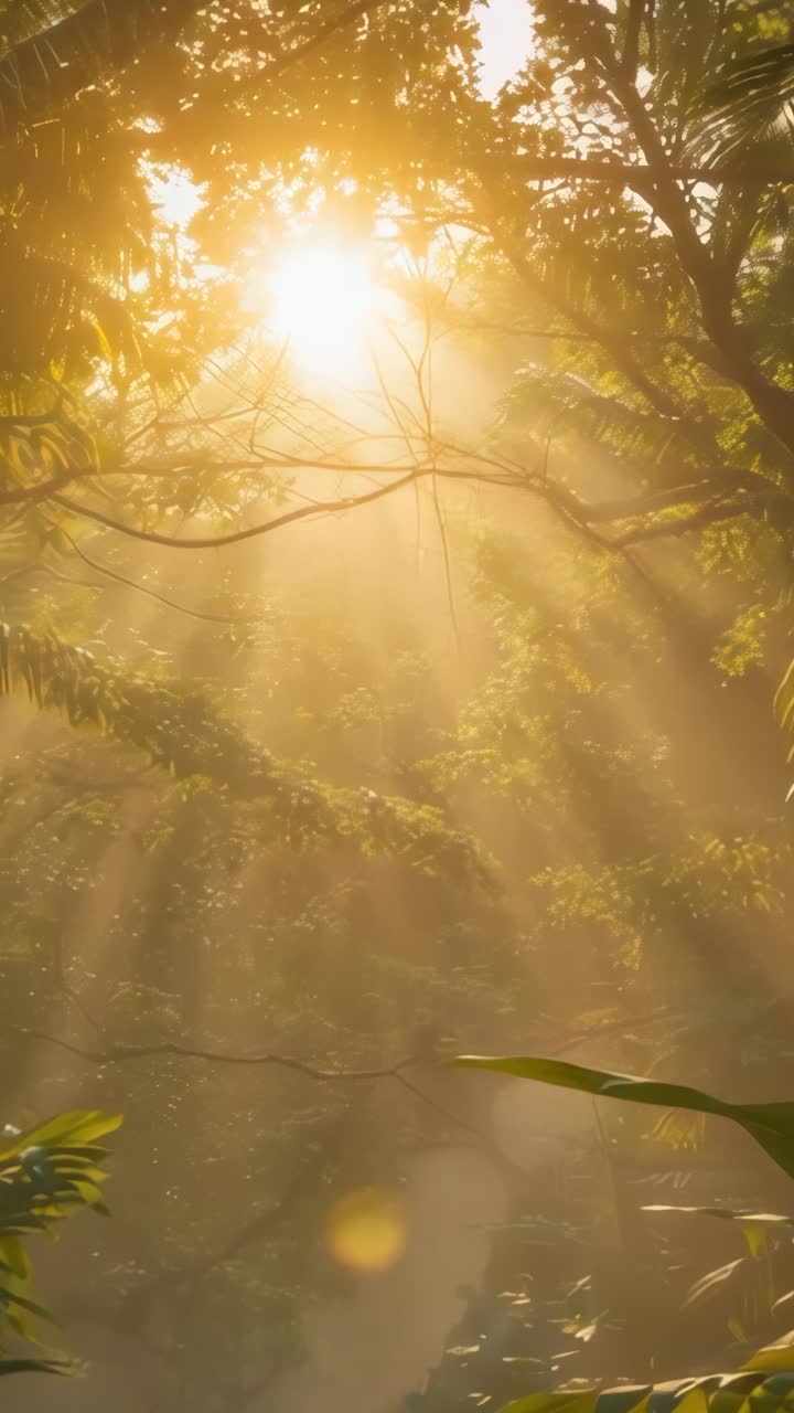 Vertical video: Breaking sunlight filtering through forest canopy at dawn, illuminating mist, dust