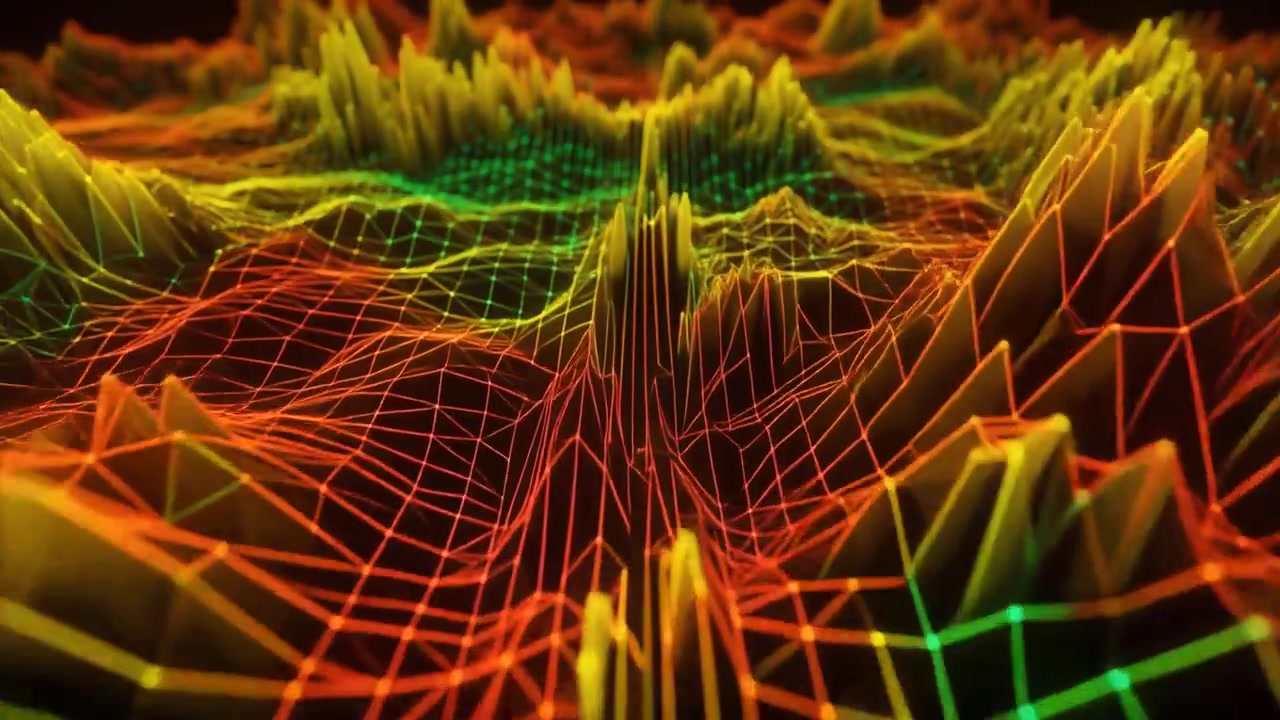 Abstract Digital Wireframe Terrain with Pulsing Gradient Colors