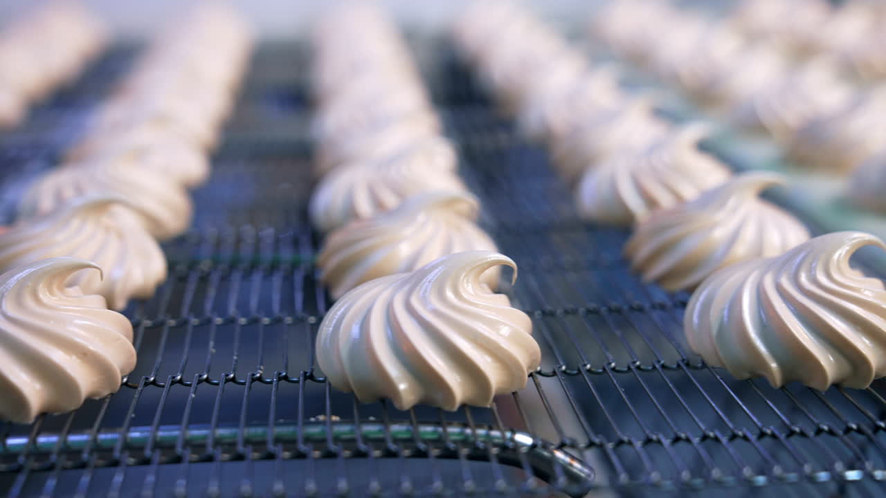 Beautifully-shaped zephyr desserts on the grid of conveyor. Tasty healthy sweets production on the food factory. Close up. Blurred background.