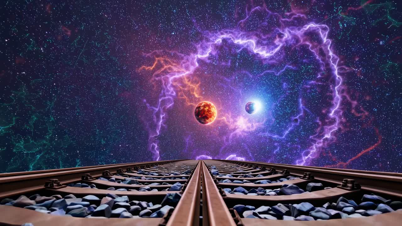 Low-angle view of railway tracks leading to a cosmic scene with planets and nebulae