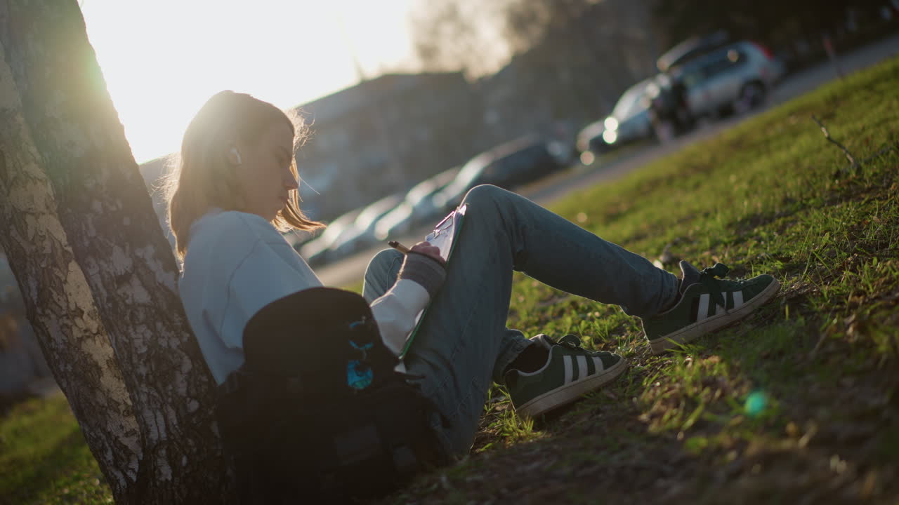 학생이 야외에서 휴식을 취하고, 학습자가 화창한 야외에서 독서를 즐기며, 한 사람이 잎이 무성한 오후 그늘 아래에서 평화롭게 공부하고, 다른 사람은 밝은 햇빛과 나무 아래에서 조용히 공부하고 있어요.