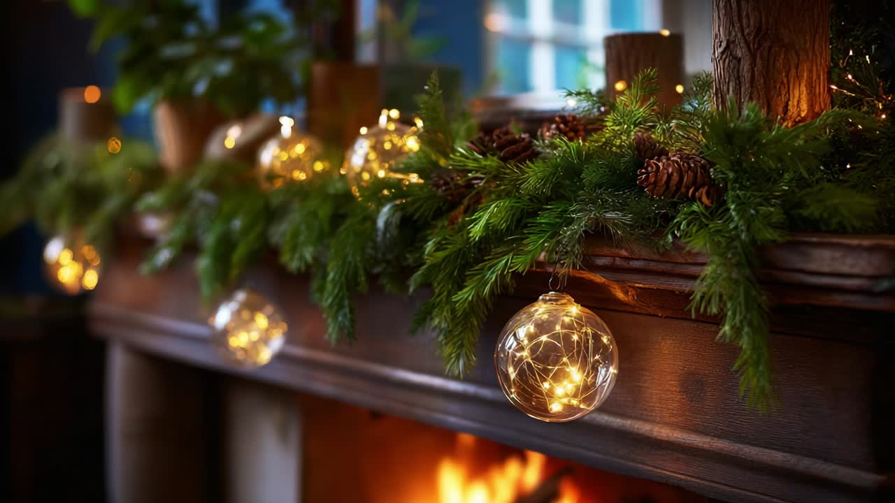 A Cozy Fireplace Mantel Decorated for the Holidays with Twinkling Fairy Lights, Natural Greenery, Pine Cones, and Elegant Glass Orbs, Creating a Warm and Inviting Atmosphere for Festive Gatherings