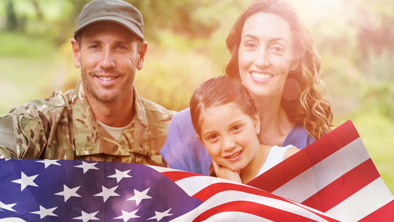 animación de un soldado abrazando a su esposa y hija sonrientes sobre la bandera estadounidense