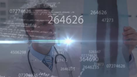 Animation-of-computer-language-and-changing-numbers-over-caucasian-doctor-examining-x-ray-report
