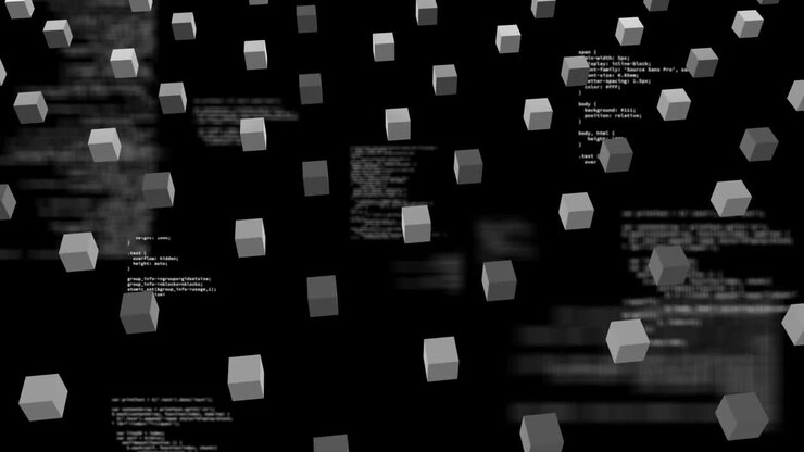 Floating cubes and coding text, data processing animation on black background