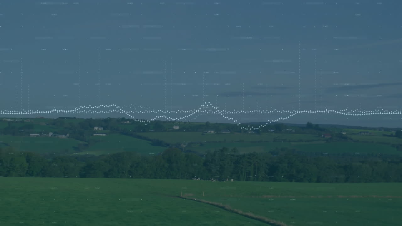 Green pastoral fields glowing with flat design waveform overlay, rolling hills unfolding over farms
