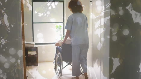 animation of leaves over diverse doctor and patient sitting in wheelchair
