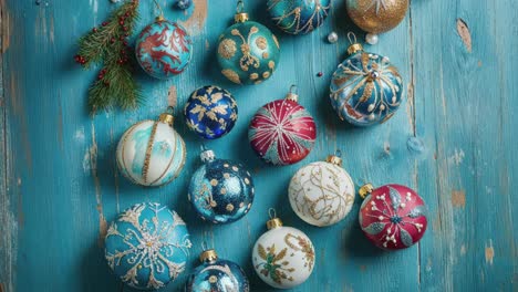 coloridos adornos de navidad en un fondo de madera azulado