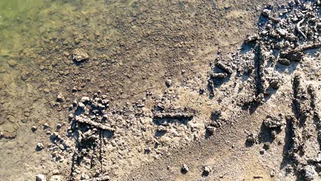 water recedes, revealing rocky shoreline patterns