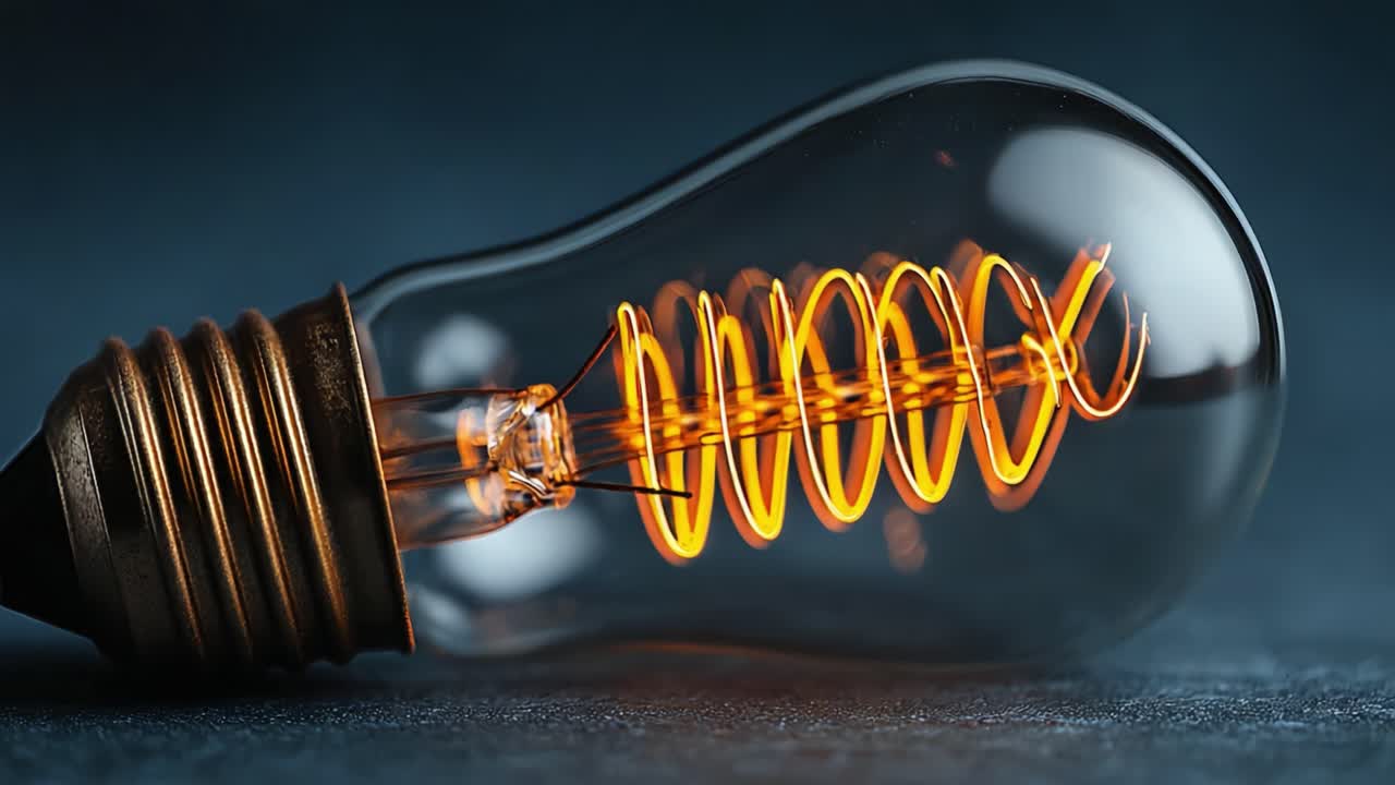 A close-up view of an illuminated vintage light bulb, showcasing its intricate filament design and warm glow, set against a dark blurred background that highlights its elegance