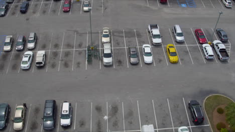 aerial drone shot overlooking grocery store parking lot on sunny day