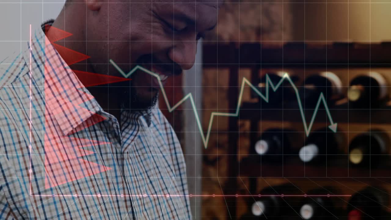Man tapping tablet and animating finance trends on transparent grid while analyzing data smiling