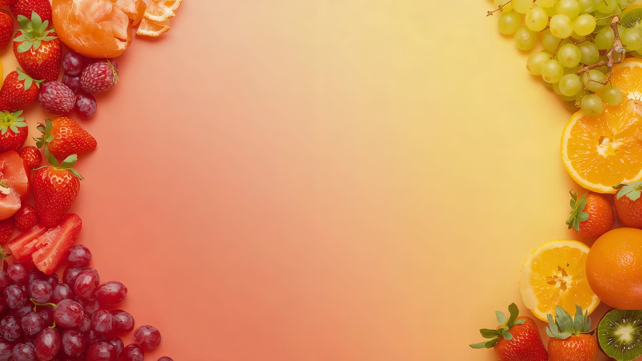 Rivelando tramite inquadrature, grappoli di frutta che si muovono verso l'interno su un set fotografico, formando un bordo con kiwi e frutti di bosco