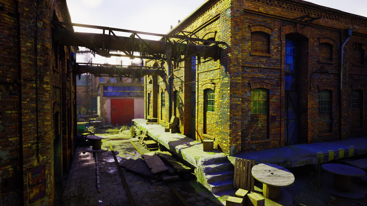 Urban decay meets vibrant color in an abandoned industrial area during twilight