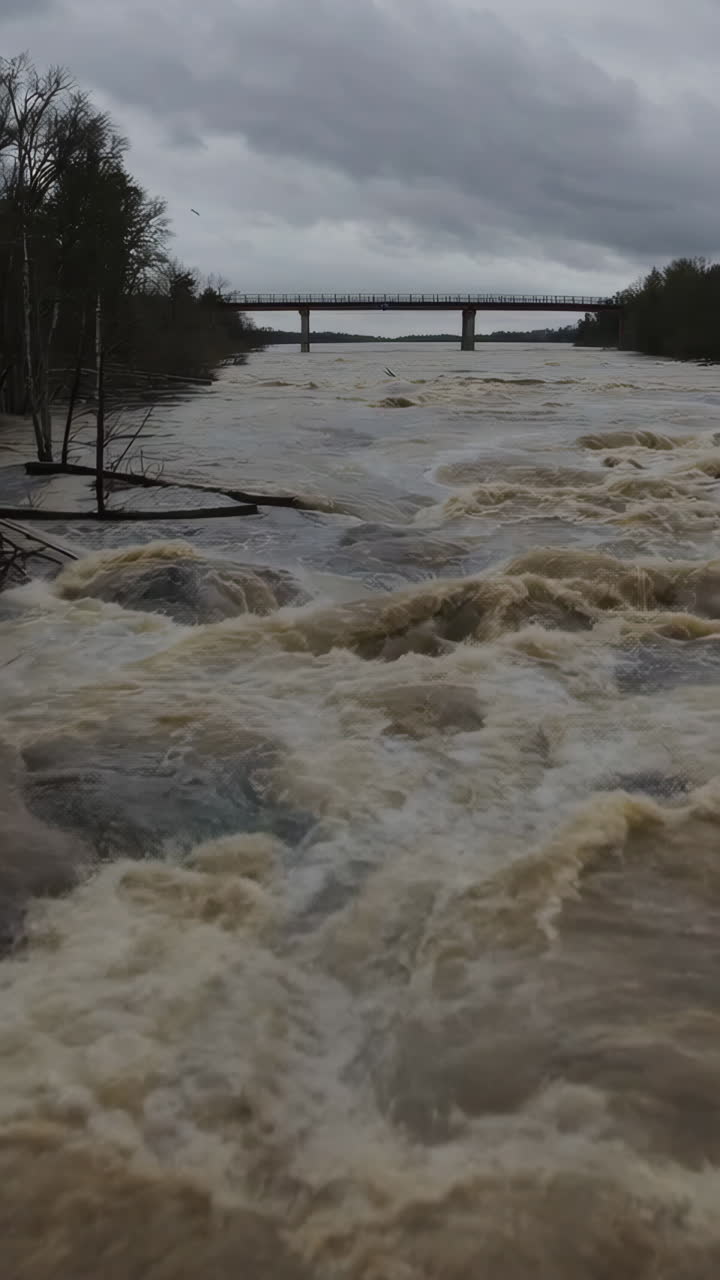 Fast-Flowing Muddy River Under a Bridge on an Overcast Day