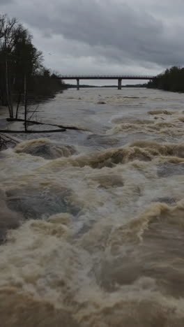fast-flowing muddy river under a bridge on an overcast day