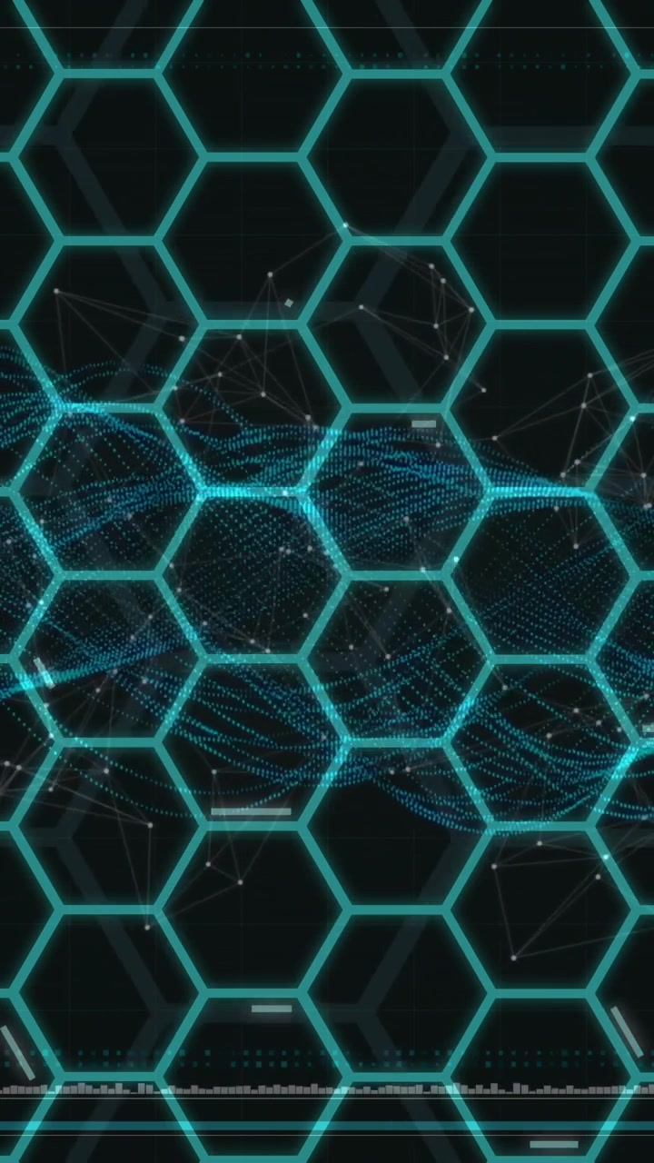 Hexagonal grid and digital wave animation over dark background