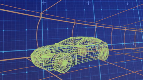 animation of data processing and shapes over digital car on blue background