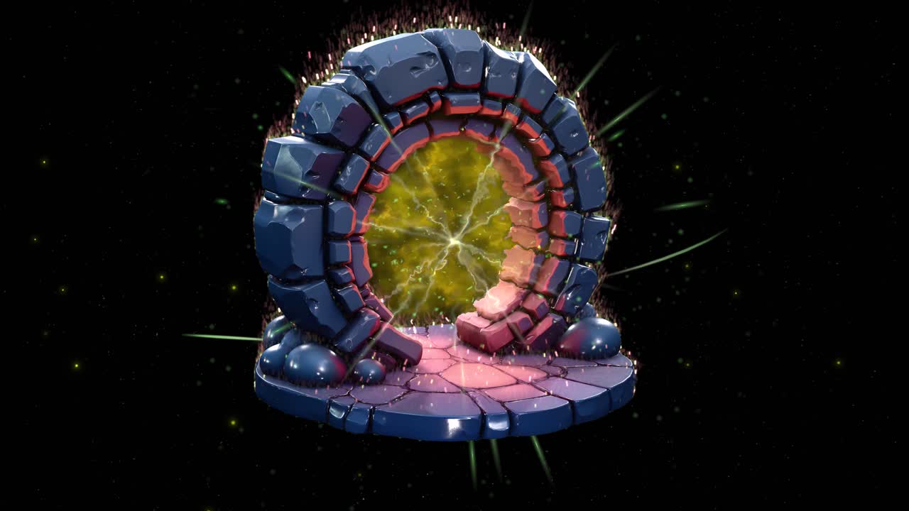 Fantasy magic circular stone portal, design 4, with particles and glowing energy, rotating slowly on black background 3D animation. Ideal for fantasy games animation projects
