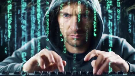 a stealthy cybersecurity expert delving into digital realms, analyzing complex data streams while cloaked in shadows and surrounded by a matrix of code patterns