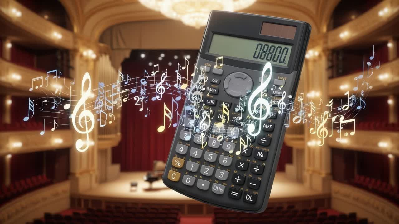 A Harmonious Blend of Mathematics and Music: A Calculator Surrounded by Floating Musical Notes in a Grand Theater Ambiance