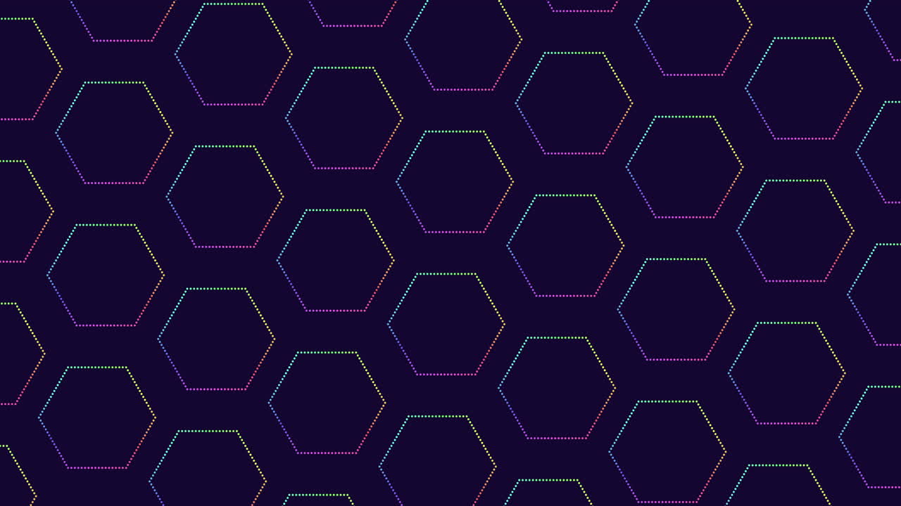 검정색 그라데이션에 네온 무지개 점이 있는 미래형 육각형 패턴