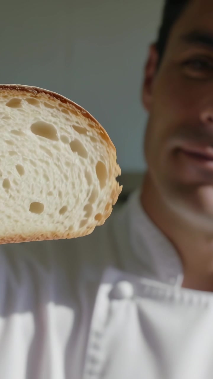 Vertical video: Camera zooming, chef in white jacket presenting bread slice at bench, copy space