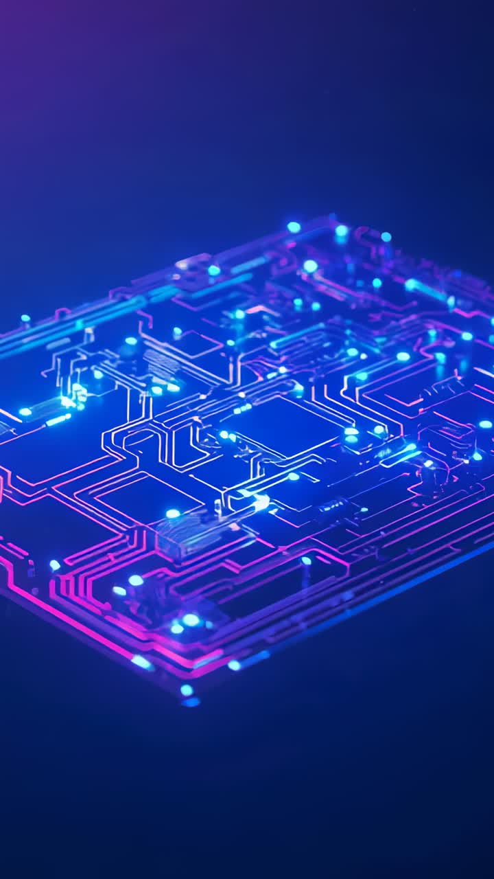 Vertical video: Rotating camera revealing PCB magenta traces, blue LEDs in studio showing chip pads